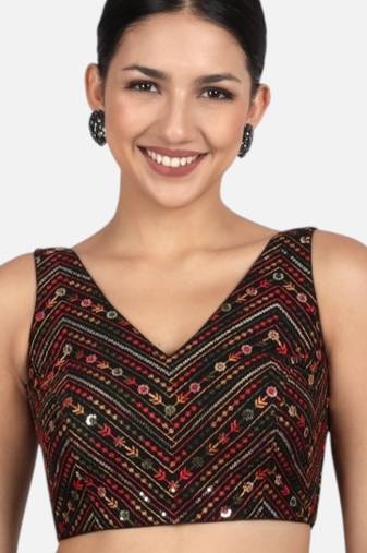 Black cotton sequin & thread work v-neck sleeveless saree blouse