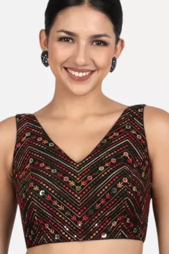 Black cotton sequin & thread work v-neck sleeveless saree blouse
