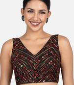Black cotton sequin & thread work v-neck sleeveless saree blouse