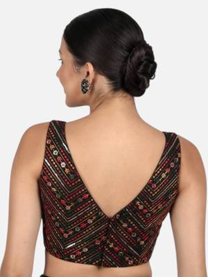 Black cotton sequin & thread work v-neck sleeveless saree blouse 2