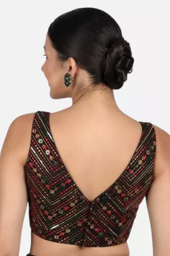 Black cotton sequin & thread work v-neck sleeveless saree blouse