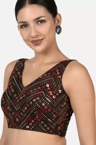 Black cotton sequin & thread work v-neck sleeveless saree blouse