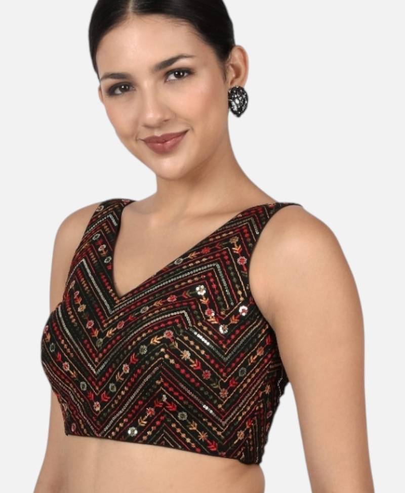 Black cotton sequin & thread work v-neck sleeveless saree blouse