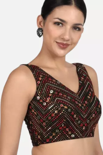 Black cotton sequin & thread work v-neck sleeveless saree blouse