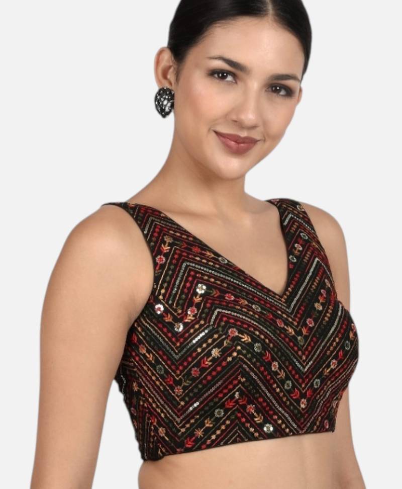 Black cotton sequin & thread work v-neck sleeveless saree blouse