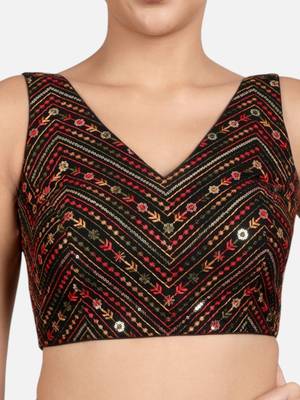 Black cotton sequin & thread work v-neck sleeveless saree blouse 5