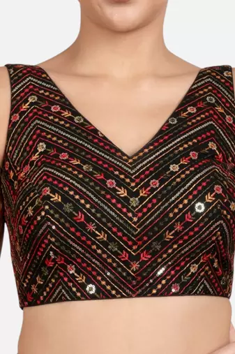 Black cotton sequin & thread work v-neck sleeveless saree blouse