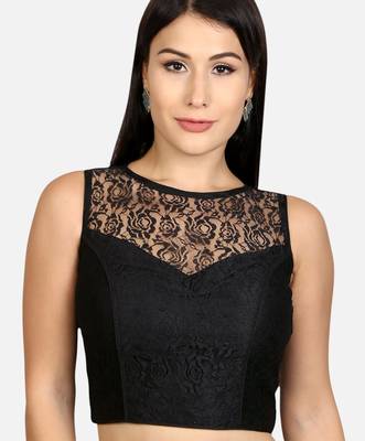 Designer high neck black dupion silk full net padded sleeveless readymade saree blouse 1