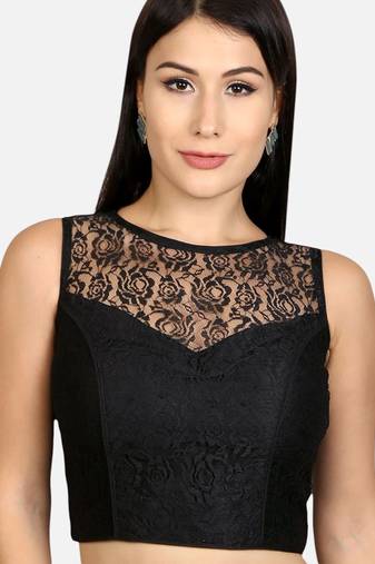 Designer high neck black dupion silk full net padded sleeveless readymade saree blouse