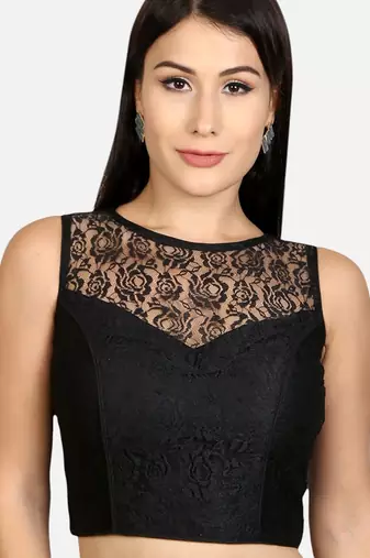 Designer high neck black dupion silk full net padded sleeveless readymade saree blouse