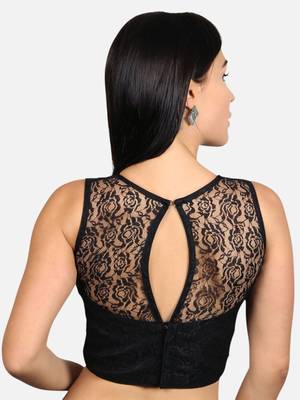 Designer high neck black dupion silk full net padded sleeveless readymade saree blouse 2