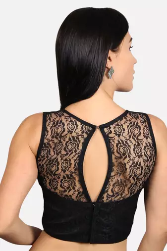 Designer high neck black dupion silk full net padded sleeveless readymade saree blouse