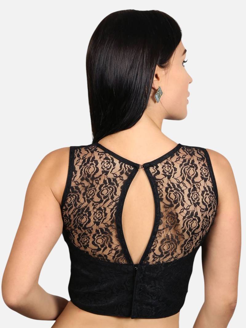 Designer high neck black dupion silk full net padded sleeveless readymade saree blouse