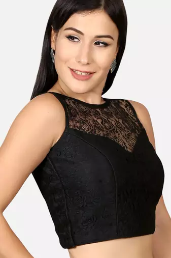 Designer high neck black dupion silk full net padded sleeveless readymade saree blouse