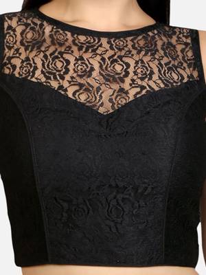Designer high neck black dupion silk full net padded sleeveless readymade saree blouse 5