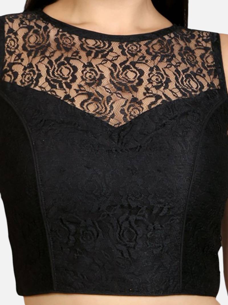 Designer high neck black dupion silk full net padded sleeveless readymade saree blouse