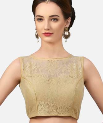 Designer high neck gold dupion silk full net padded sleeveless readymade saree blouse 1