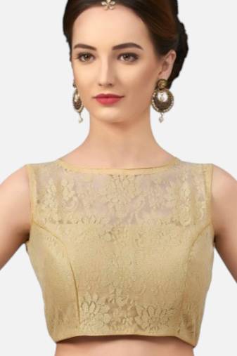 Designer high neck gold dupion silk full net padded sleeveless readymade saree blouse