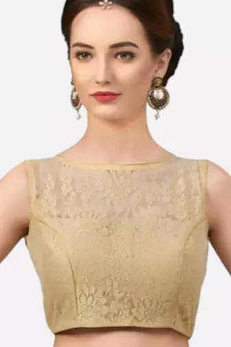 Designer high neck gold dupion silk full net padded sleeveless readymade saree blouse