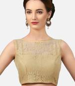 Designer high neck gold dupion silk full net padded sleeveless readymade saree blouse
