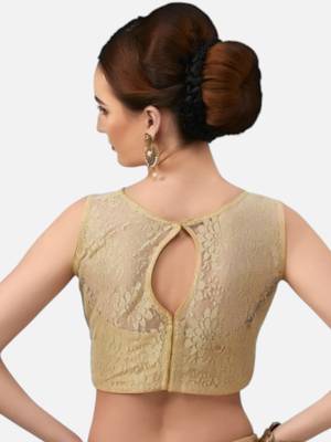 Designer high neck gold dupion silk full net padded sleeveless readymade saree blouse 2