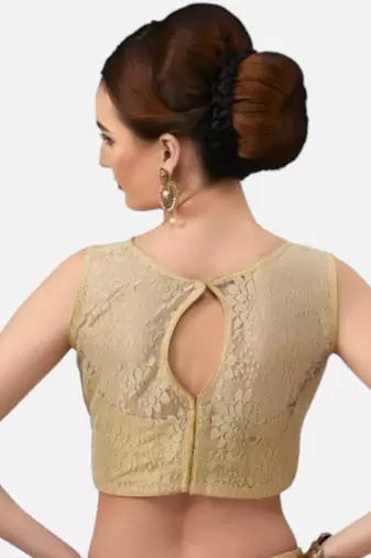 Designer high neck gold dupion silk full net padded sleeveless readymade saree blouse
