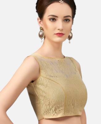 Designer high neck gold dupion silk full net padded sleeveless readymade saree blouse 3