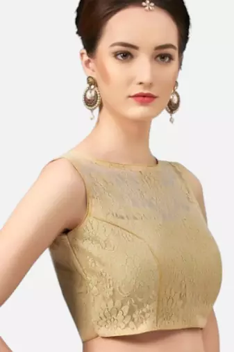 Designer high neck gold dupion silk full net padded sleeveless readymade saree blouse
