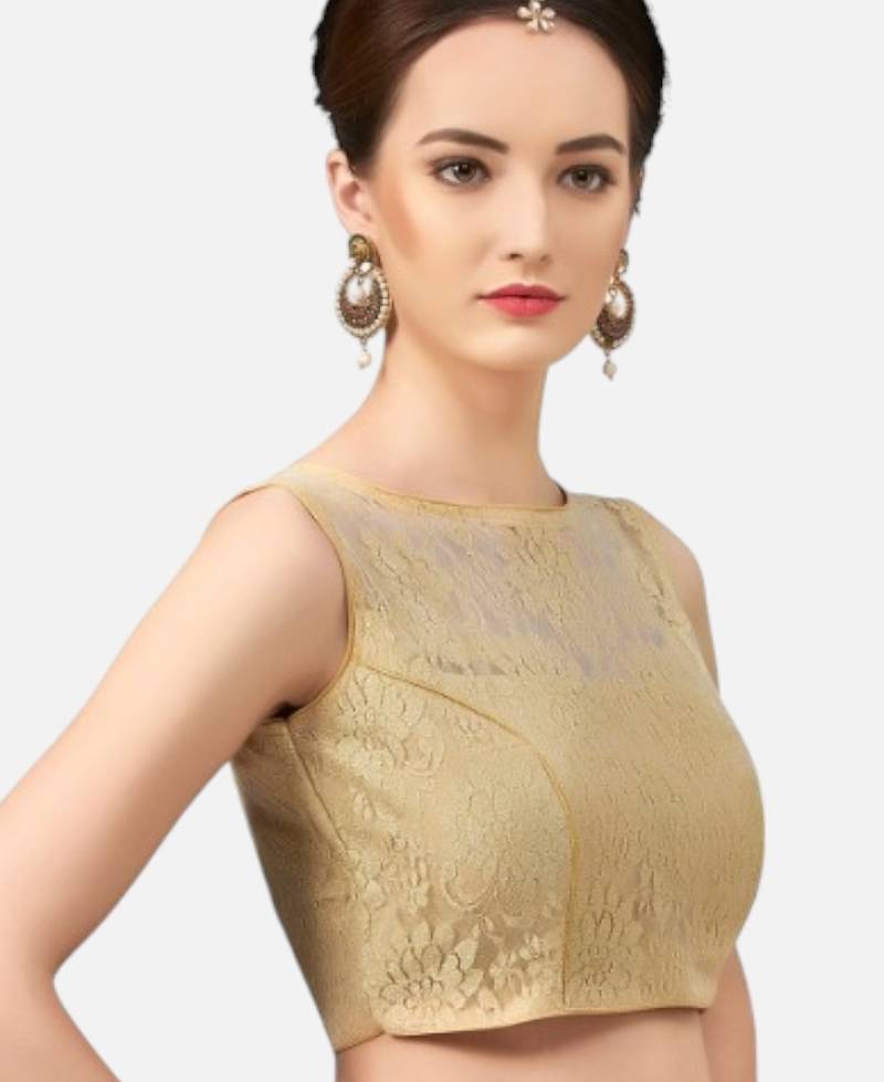Designer high neck gold dupion silk full net padded sleeveless readymade saree blouse