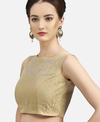 Designer high neck gold dupion silk full net padded sleeveless readymade saree blouse 4