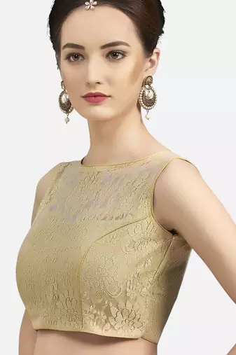 Designer high neck gold dupion silk full net padded sleeveless readymade saree blouse