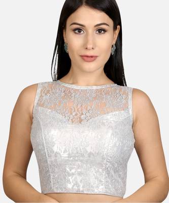 Designer high neck silver dupion silk full net padded sleeveless readymade saree blouse 1