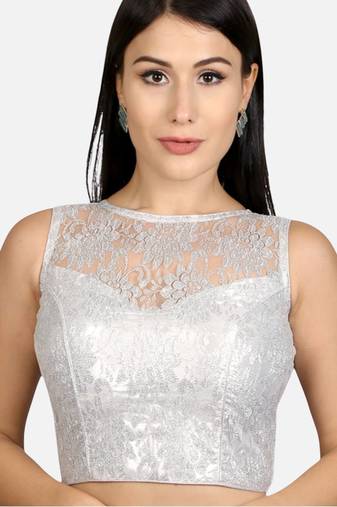 Designer high neck silver dupion silk full net padded sleeveless readymade saree blouse