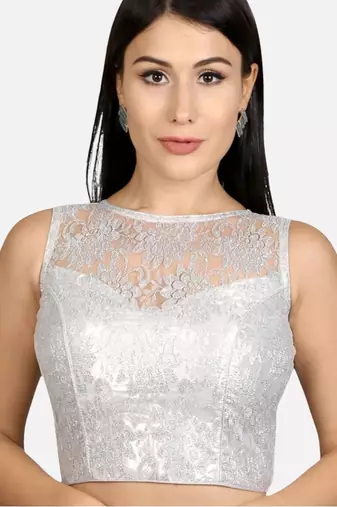 Designer high neck silver dupion silk full net padded sleeveless readymade saree blouse