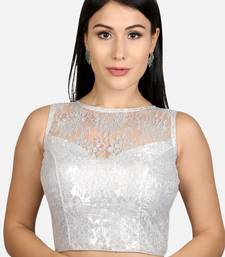 Designer high neck silver dupion silk full net padded sleeveless readymade saree blouse