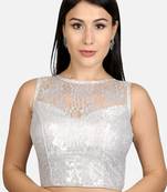 Designer high neck silver dupion silk full net padded sleeveless readymade saree blouse