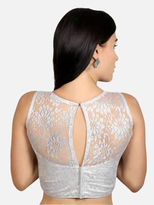 Designer high neck silver dupion silk full net padded sleeveless readymade saree blouse 2