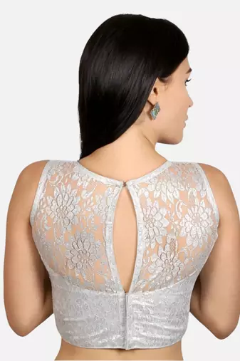 Designer high neck silver dupion silk full net padded sleeveless readymade saree blouse