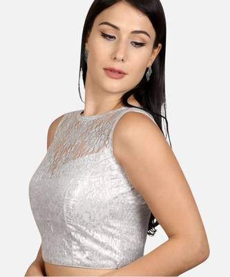 Designer high neck silver dupion silk full net padded sleeveless readymade saree blouse 3
