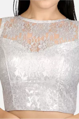 Designer high neck silver dupion silk full net padded sleeveless readymade saree blouse