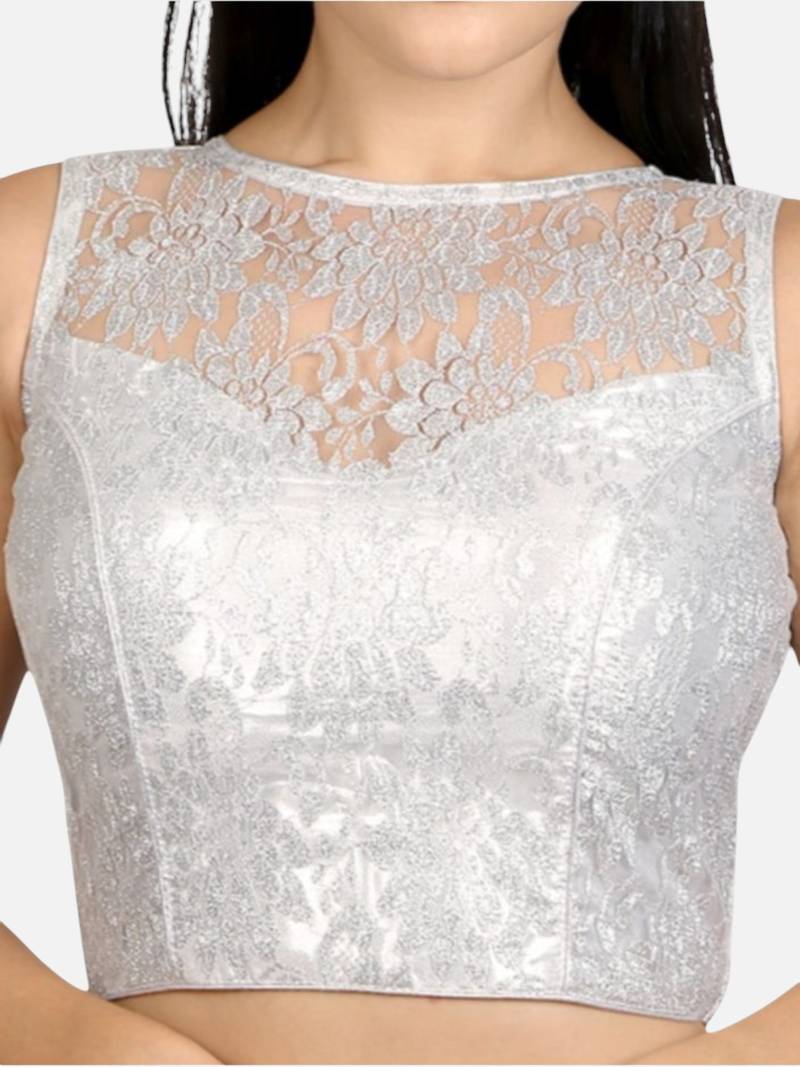 Designer high neck silver dupion silk full net padded sleeveless readymade saree blouse