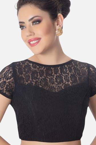 Black high neck short sleevess princesss cut padded readymade saree blouse