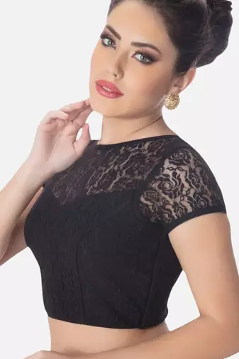 Black high neck short sleevess princesss cut padded readymade saree blouse