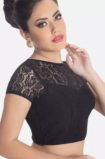Black high neck short sleevess princesss cut padded readymade saree blouse
