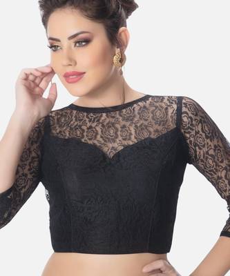 Net butter crepe black designer princess cut padded 3/4th sleeves readymade saree blouse 1