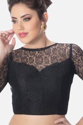 Net butter crepe black designer princess cut padded 3/4th sleeves readymade saree blouse
