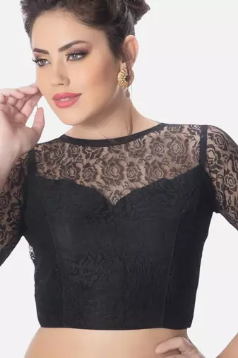Net butter crepe black designer princess cut padded 3/4th sleeves readymade saree blouse