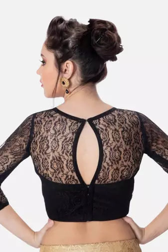 Net butter crepe black designer princess cut padded 3/4th sleeves readymade saree blouse