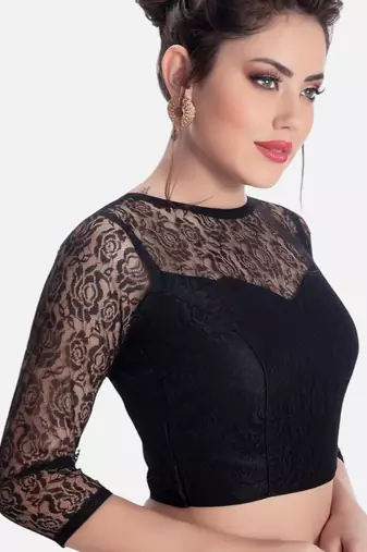Net butter crepe black designer princess cut padded 3/4th sleeves readymade saree blouse
