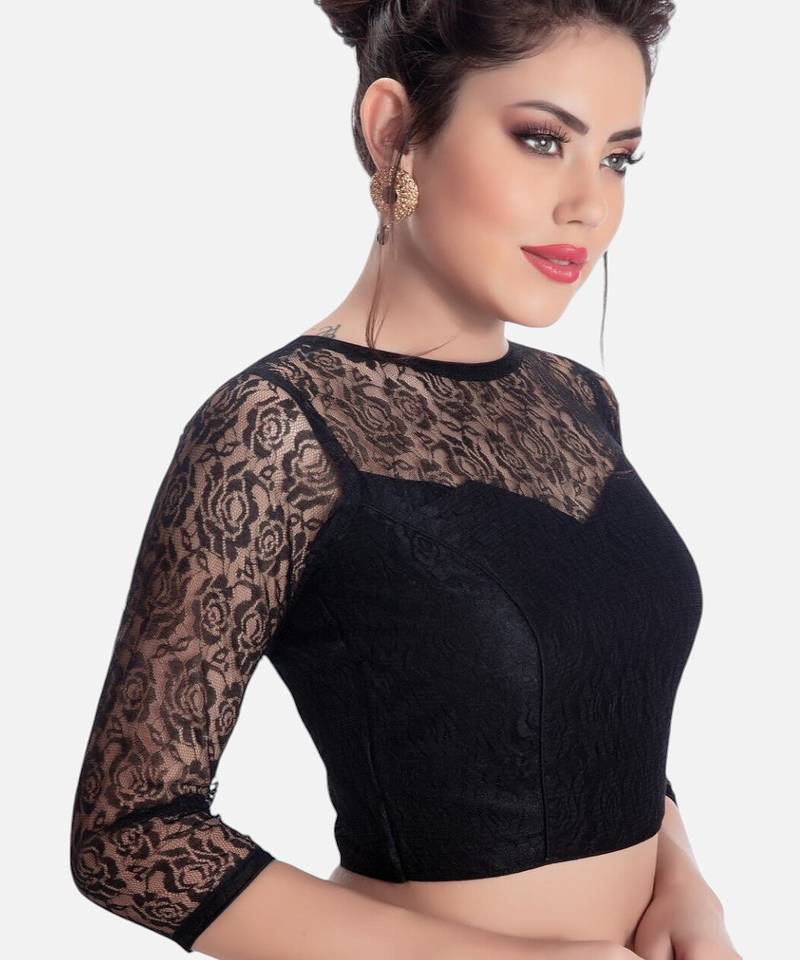 Net butter crepe black designer princess cut padded 3/4th sleeves readymade saree blouse